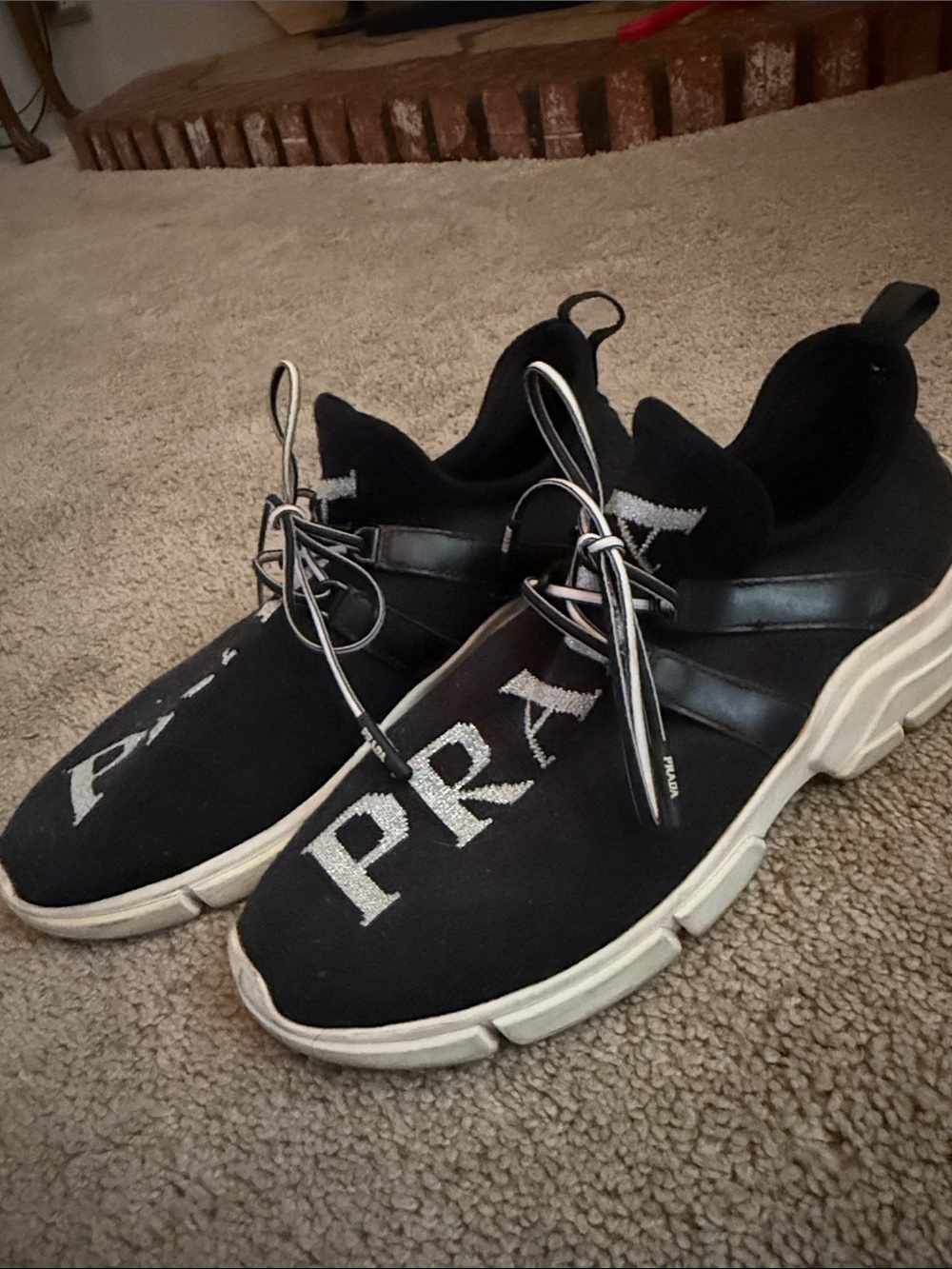 Prada Black Knit Logo Slip-On Sneakers with White Soles